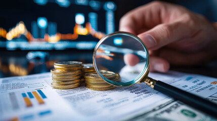 Leinwandbilder - Analyzing financial report with magnifying glass and currency notes, showcasing investment insights and market trends