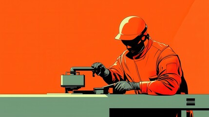 Poster - Construction Worker Operating Power Tool in Orange Uniform and Safety Helmet