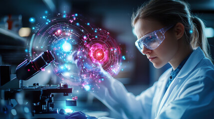 Poster - scientist in lab coat examines high tech microscope while visualizing data. scene captures essence of modern research and innovation in laboratory setting