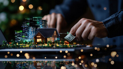 Aufkleber - person working on financial dashboard with house model and money, showcasing investment in real estate. scene is illuminated with city lights