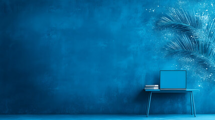 Poster - Vibrant blue wall with a stylish table and artistic abstract design