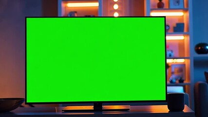 Poster - This Bright green screen displayed on a contemporary television in a stylish setting.