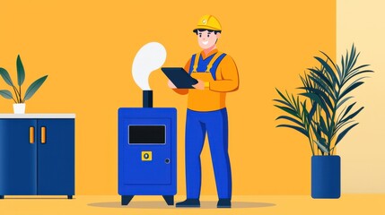 Poster - Diligent construction worker in blue uniform inspecting electrical panel at workplace