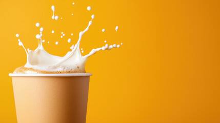Aufkleber - splash of milk falling into coffee cup creates dynamic scene against vibrant yellow background, evoking sense of energy and freshness