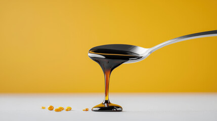 Poster - spoon dipped in syrup drips slowly, showcasing sticky liquid against vibrant yellow background. contrast highlights texture and richness of syrup