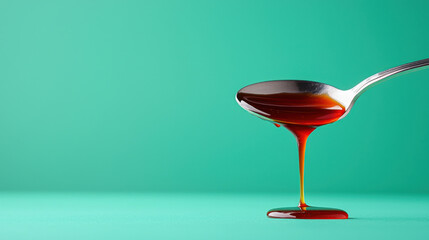 Poster - spoon dipped in syrup drips slowly, showcasing sticky liquid against vibrant green background. scene evokes sense of sweetness and indulgence