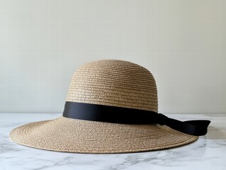 A tan straw hat with a black ribbon tied around it