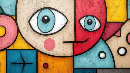 Poster - Colorful Abstract Art Featuring Playful Shapes and Faces in Geometric Arrangement on a Textured Background