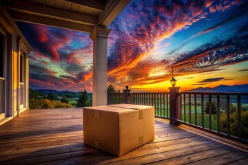 Poster - Surreal Sunset: Cardboard Box on Porch - Eerie Dreamlike Photography