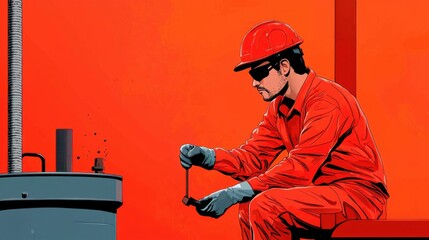 Poster - Red Uniformed Industrial Worker Operating Machinery in Factory Workshop