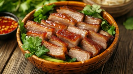 Wall Mural - A vibrant presentation of pork belly served in a traditional Thai dish, garnished with fresh herbs and accompanied by spicy dipping sauce for an appetizing look.