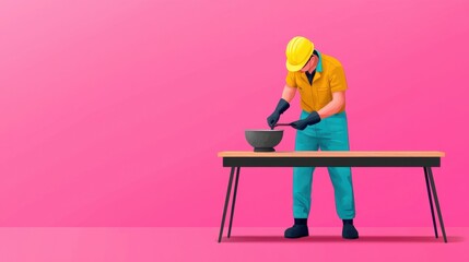 Poster - Construction Worker Repairing Household Item on Workbench in Workshop