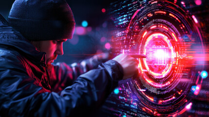 Fototapete - cybersecurity professional in dark hoodie interacts with digital interface, showcasing advanced technology and data visualization. scene conveys sense of urgency and expertise