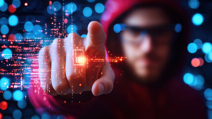 Poster - cybersecurity professional interacts with digital data, showcasing technology and innovation. vibrant background enhances futuristic atmosphere of scene