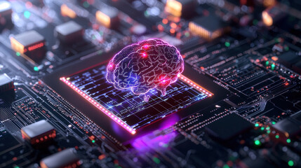 Poster - AI brain on circuit board, symbolizing technology and innovation in healthcare. glowing neural network represents advanced solutions for medical challenges