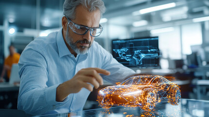 Poster - Engineer using advanced software to simulate car design in modern workspace, showcasing innovation and technology in automotive engineering