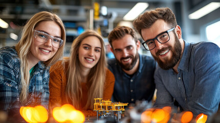 Aufkleber - Innovative engineering team collaborating on 3D printing projects, showcasing creativity and teamwork in modern workspace. Their enthusiasm reflects bright future in technology