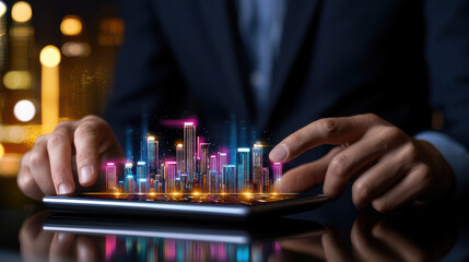 Aufkleber - businessman using tablet to visualize futuristic cityscape with vibrant colors and lights, representing innovative market strategies and technology
