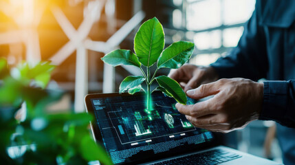 Poster - Innovative engineer designing sustainable energy solutions with technology and nature. image showcases laptop displaying data alongside green plant, symbolizing eco friendly practices