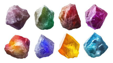 Wall Mural - side view on set of various colorful raw gemstones isolated on solid white background