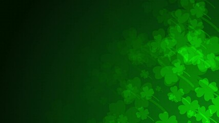 Poster - Green four-leaf clover shapes are moving from the bottom right of a gradient grid abstract background, horizontal composition. Nature motion graphic. Loop animation footage for graphic design.