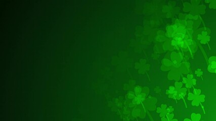 Poster - Green four-leaf clover shapes are moving from the bottom right of a gradient grid abstract background, horizontal composition. Nature motion graphic. Loop animation footage for graphic design.