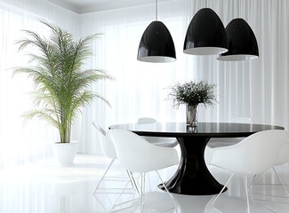 Wall Mural - Modern dining room with a black table and white chairs, large hanging lamps, elegant curtains, 