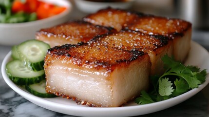 Wall Mural - Crispy, golden-brown slices of pork belly glistening with fish sauce, served on a white plate alongside a garnish of fresh herbs and sliced vegetables.