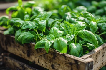 Urban Herb Gardening: Fresh Basil Growing in Crate for Healthy Cooking and Seasoning