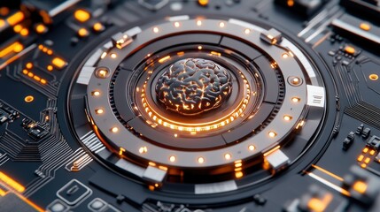 Poster - A hyper-realistic digital brain illuminated by glowing lights on a circuit board, representing advanced AI technology and data flow