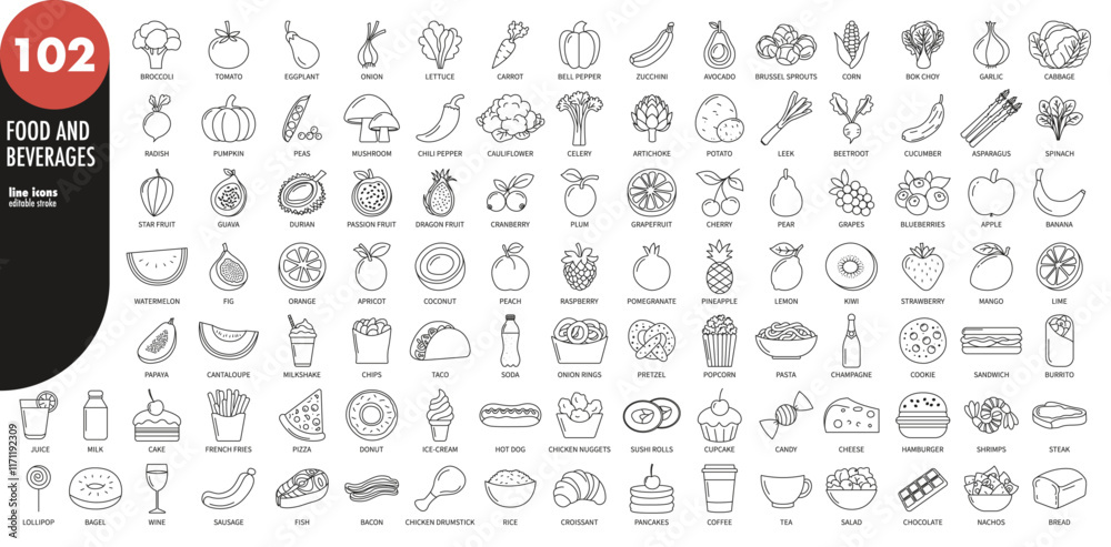Food and beverages editable stroke thin line icons big set. Fruits ...