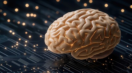 Poster - A hyper-realistic digital brain illuminated by glowing lights on a circuit board, representing advanced AI technology and data flow