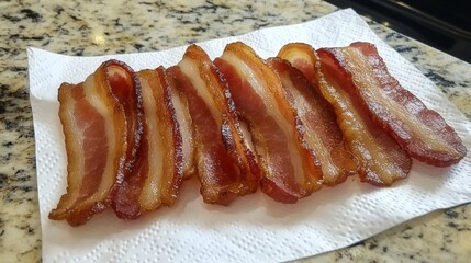 Poster - Golden, crispy bacon strips laid out in a neat row on a white paper towel to absorb excess grease, with glistening fat.