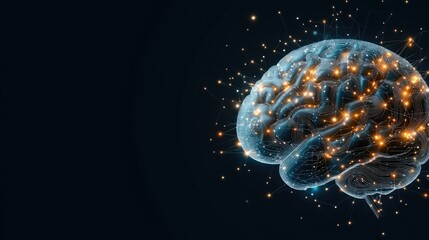 Poster - A hyper-realistic digital brain illuminated by glowing lights on a circuit board, representing advanced AI technology and data flow