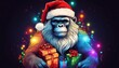 © Ninja in Pajamas - A festive Bigfoot dressed in a Santa hat is wrapped in colorful lights, carrying a bag full of gifts