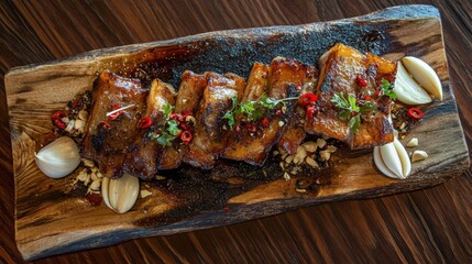 Poster - Slices of pork belly fried to a golden crisp, glistening with fish sauce, laid out on a rectangular wooden platter with garlic cloves and red chili garnish.