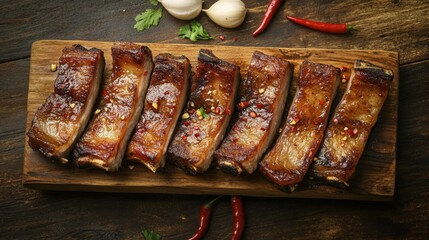Poster - Slices of pork belly fried to a golden crisp, glistening with fish sauce, laid out on a rectangular wooden platter with garlic cloves and red chili garnish.