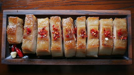 Poster - Slices of pork belly fried to a golden crisp, glistening with fish sauce, laid out on a rectangular wooden platter with garlic cloves and red chili garnish.