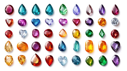 Wall Mural - top view on set of various colorful polished diamonds isolated on solid white background
