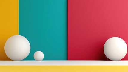 Poster - Colorful geometric composition with spheres on a shelf against vibrant backgrounds.