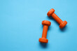 © New Africa - Two dumbbells on light blue background, top view. Space for text