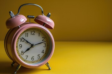 Vintage Pink Alarm Clock on Yellow Background - Classic Timepiece in Retro Style