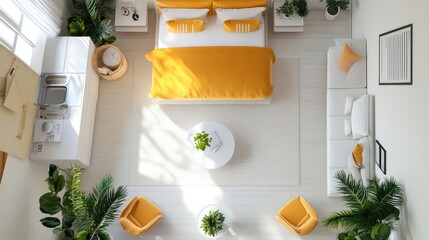 Leinwandbilder - A bright, modern bedroom with yellow accents and a cozy living area.