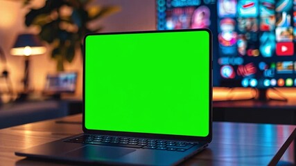 Poster - This laptop with a bright green screen sits on a table in a cozy living room with warm lighting.