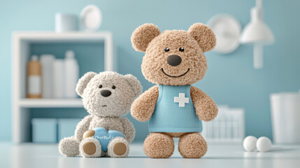 Aufkleber - Soft plush toy bears in bright, cheerful setting, one wearing nurse outfit, exuding warmth and comfort. Perfect for children rooms or as gift