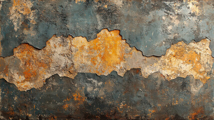 Poster - Textured wall with vintage grunge appearance, featuring blue, orange, and gray tones. Ideal for interior decoration or artistic backgrounds, evoking rustic feel