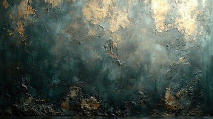 Poster - Textured wall with vintage grunge finish, featuring dark tones and gold accents, perfect for interior decoration or artistic backgrounds