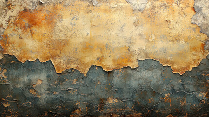 Poster - textured wall with vintage grunge patterns, featuring warm orange and cool blue tones, showcasing peeling paint and weathered appearance