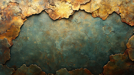 Poster - textured wall with peeling paint, showcasing blend of gold and teal colors, creates vintage and grunge aesthetic. intricate details evoke sense of history and character