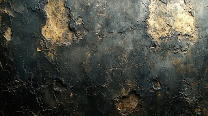 Poster - textured wall with vintage grunge appearance, featuring dark tones and patches of gold. surface shows signs of wear and age, creating unique and artistic backdrop